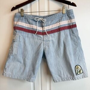 KANVAS BY KATIN Chambray Snap Drawstring Striped Board Swim Shorts Trunks USA 32